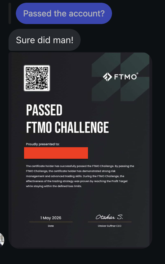 Customer confirming they passed the FTMO Challenge